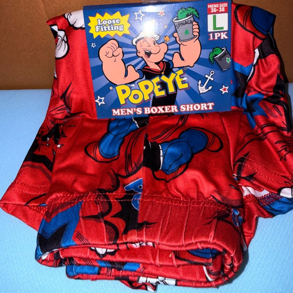 Popeye Boxer Shorts Men L NEW Red Comic Print Loose Fit Stretch Loungewear